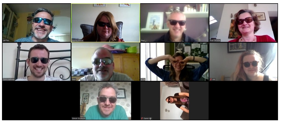 Technical Team all wearing sunglasses and smiling on a virtual call 